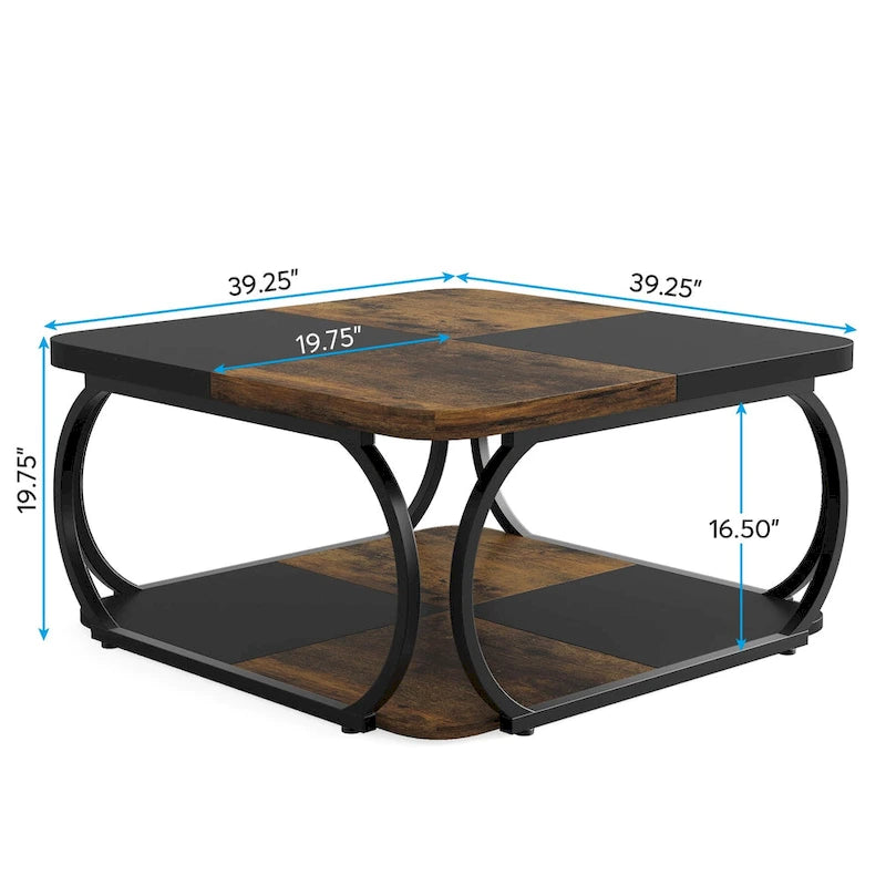 Table basse carrée à 2 niveaux de 99 cm avec cadre en métal pour salon