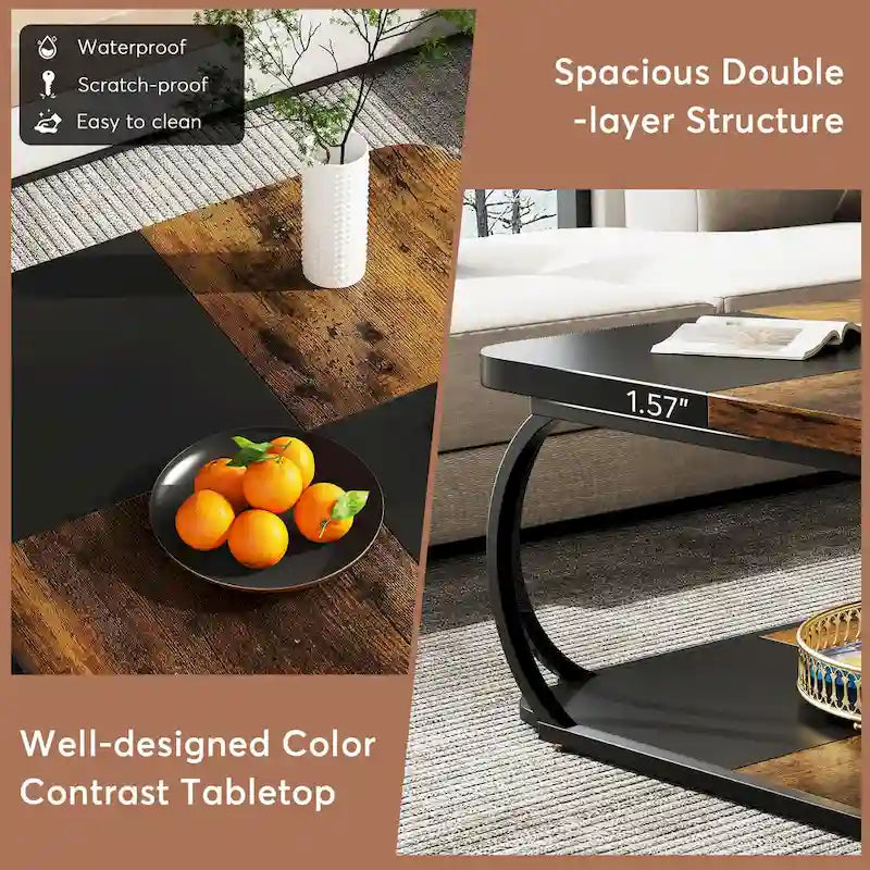 Table basse carrée à 2 niveaux de 99 cm avec cadre en métal pour salon