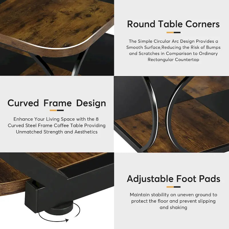 Table basse carrée à 2 niveaux de 99 cm avec cadre en métal pour salon