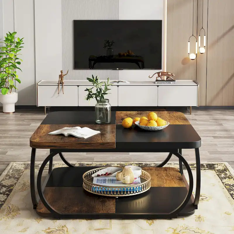 Table basse carrée à 2 niveaux de 99 cm avec cadre en métal pour salon