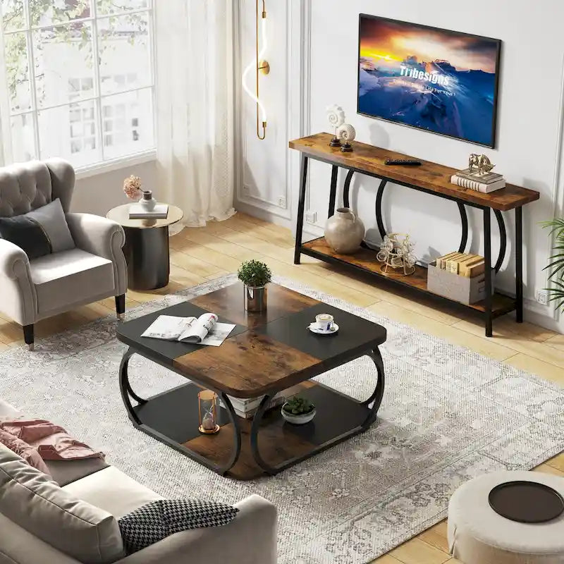 Table basse carrée à 2 niveaux de 99 cm avec cadre en métal pour salon