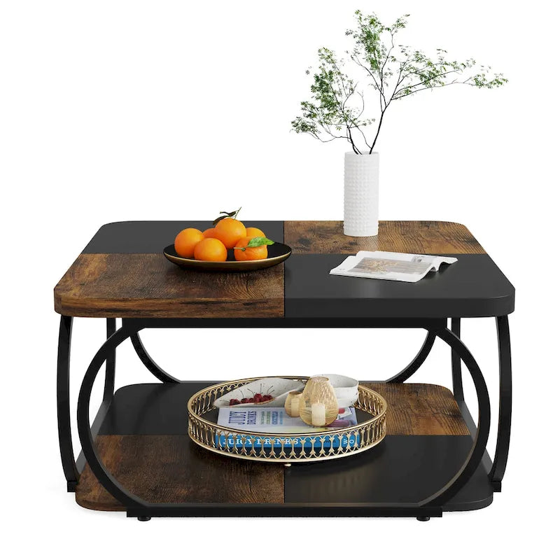 Table basse carrée à 2 niveaux de 99 cm avec cadre en métal pour salon