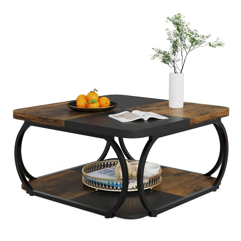 Table basse carrée à 2 niveaux de 99 cm avec cadre en métal pour salon