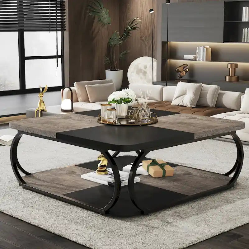 Table basse carrée à 2 niveaux de 99 cm avec cadre en métal pour salon