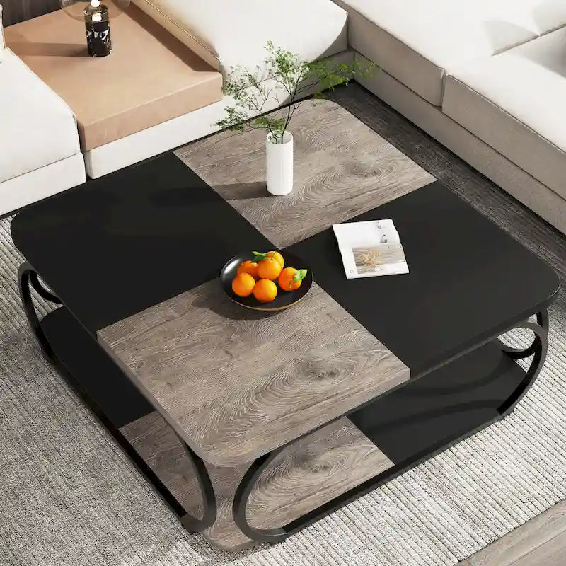 Table basse carrée à 2 niveaux de 99 cm avec cadre en métal pour salon