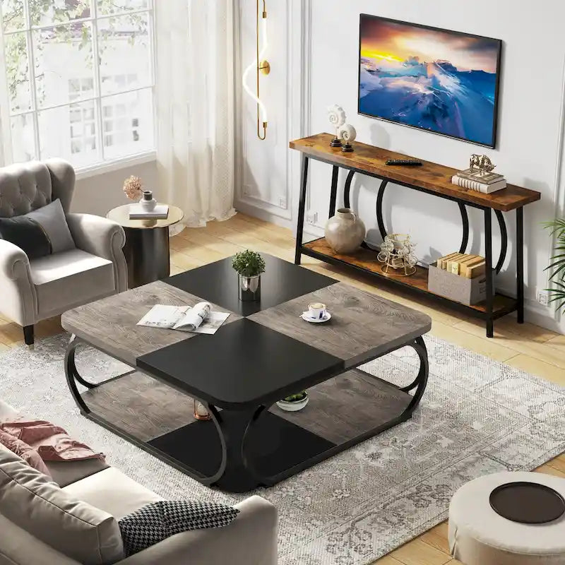 Table basse carrée à 2 niveaux de 99 cm avec cadre en métal pour salon