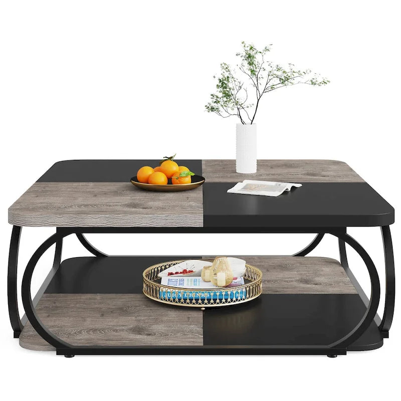 Table basse carrée à 2 niveaux de 99 cm avec cadre en métal pour salon