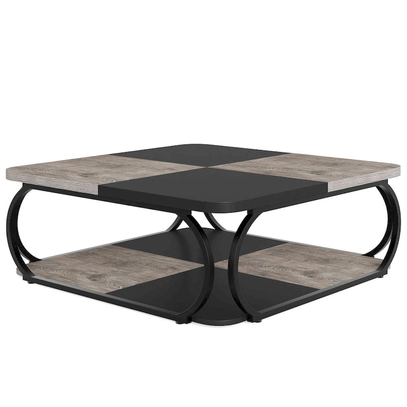 Table basse carrée à 2 niveaux de 99 cm avec cadre en métal pour salon