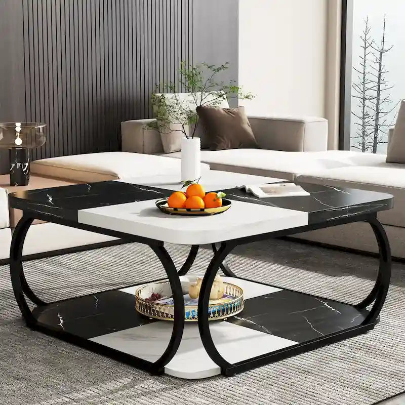 Table basse carrée à 2 niveaux de 99 cm avec cadre en métal pour salon