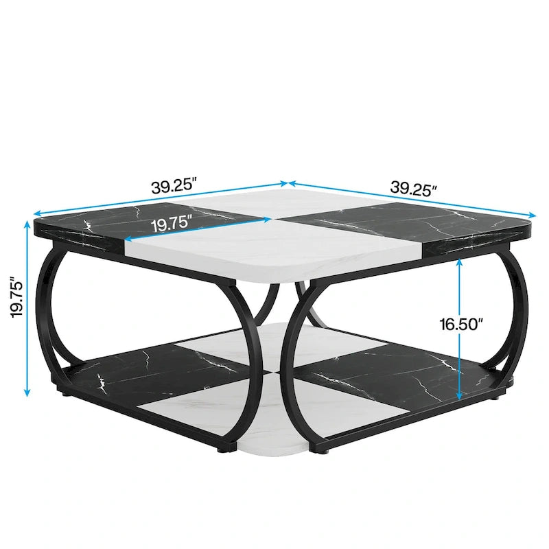 Table basse carrée à 2 niveaux de 99 cm avec cadre en métal pour salon