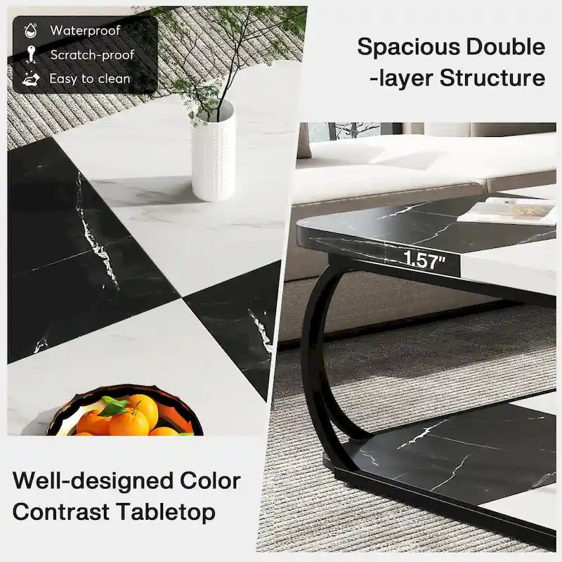 Table basse carrée à 2 niveaux de 99 cm avec cadre en métal pour salon