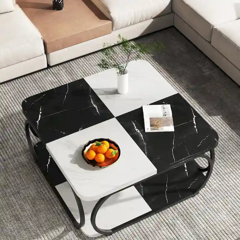 Table basse carrée à 2 niveaux de 99 cm avec cadre en métal pour salon