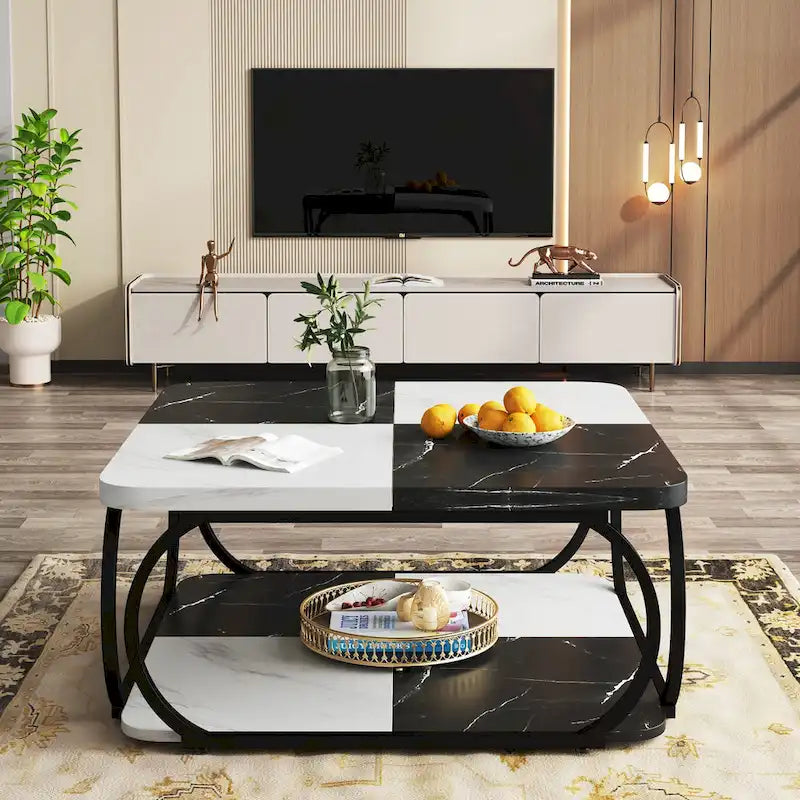 Table basse carrée à 2 niveaux de 99 cm avec cadre en métal pour salon