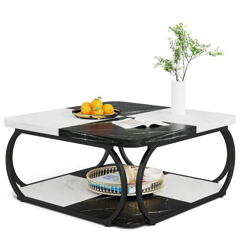 Table basse carrée à 2 niveaux de 99 cm avec cadre en métal pour salon