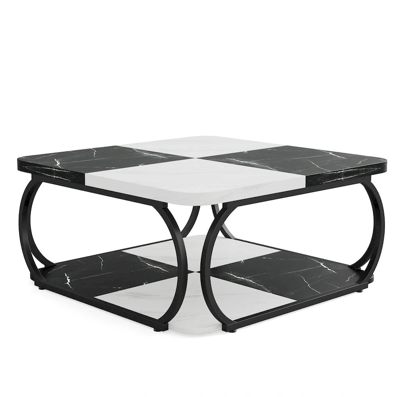 Table basse carrée à 2 niveaux de 99 cm avec cadre en métal pour salon