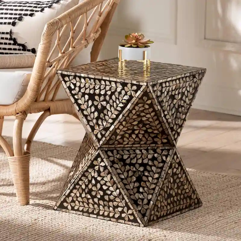 Table d'appoint Feronia moderne bohème noire et bronze en nacre