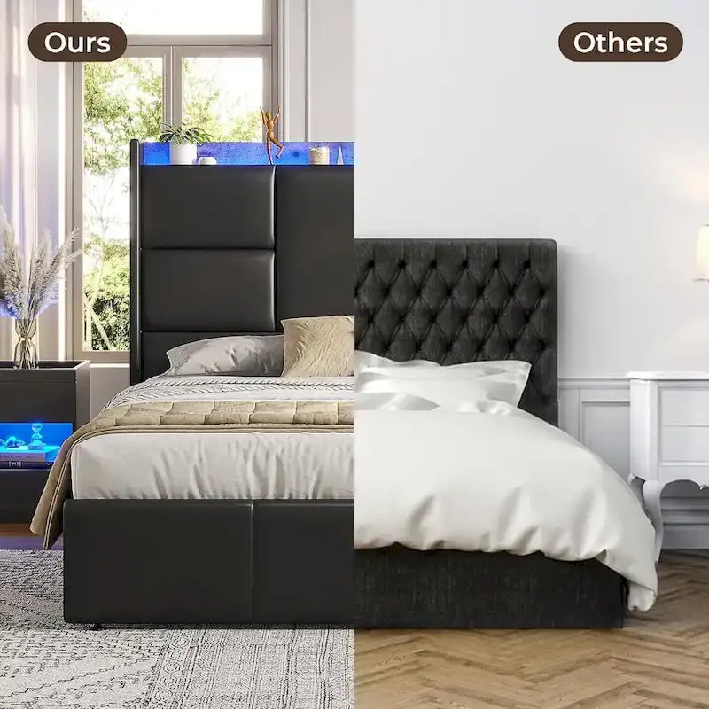 Cadre de lit avec tête de lit haute à rangement intégré, lit plateforme