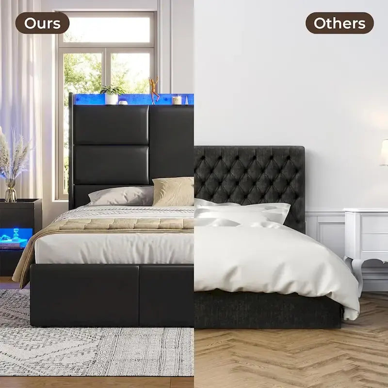 Cadre de lit avec tête de lit haute à rangement intégré, lit plateforme