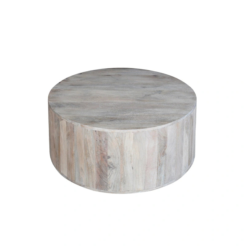 Table basse de 36 pouces, forme de tambour fabriquée à la main, bois de manguier blanc lavé