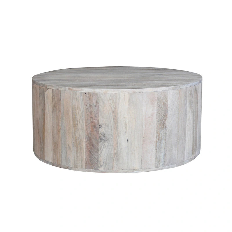 Table basse de 36 pouces, forme de tambour fabriquée à la main, bois de manguier blanc lavé