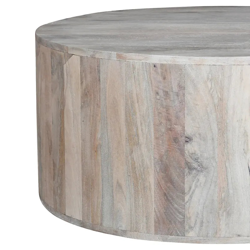 Table basse de 36 pouces, forme de tambour fabriquée à la main, bois de manguier blanc lavé
