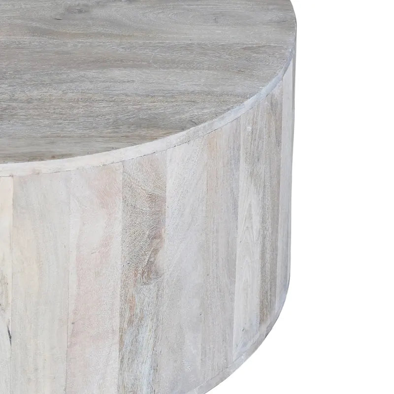 Table basse de 36 pouces, forme de tambour fabriquée à la main, bois de manguier blanc lavé