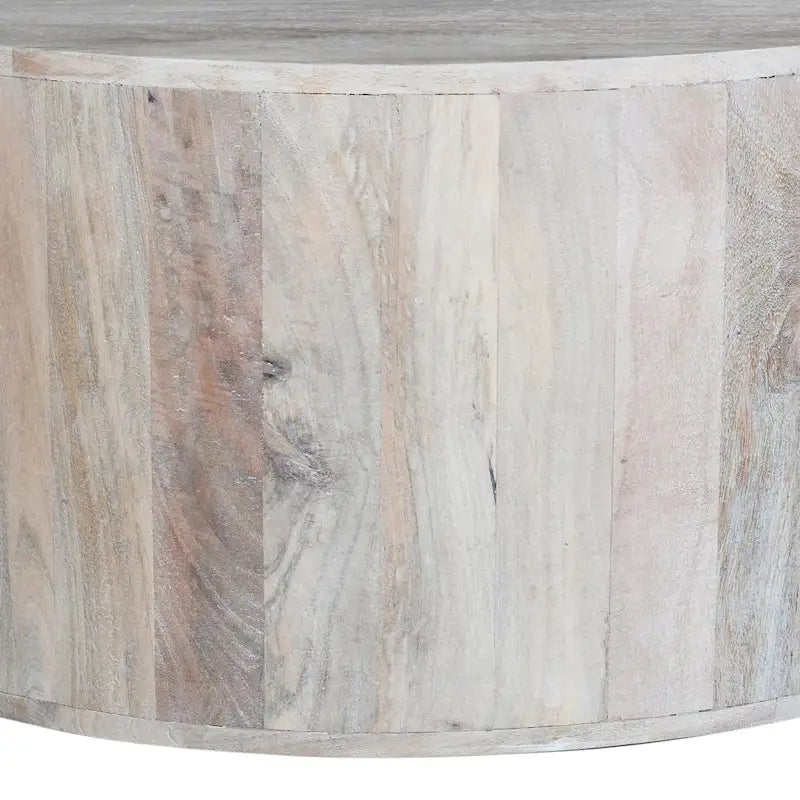 Table basse de 36 pouces, forme de tambour fabriquée à la main, bois de manguier blanc lavé