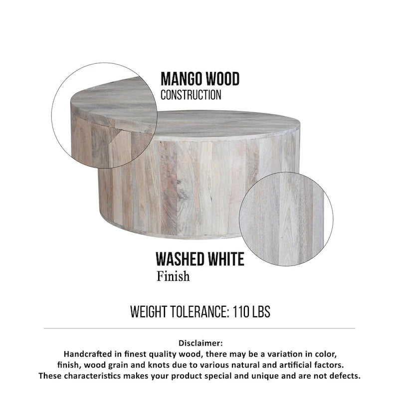 Table basse de 36 pouces, forme de tambour fabriquée à la main, bois de manguier blanc lavé