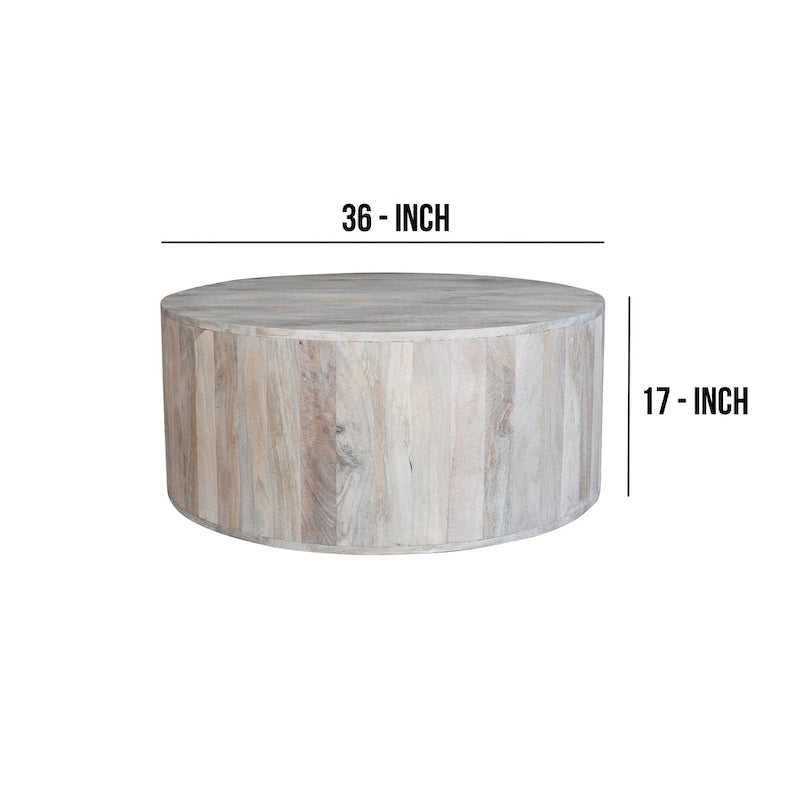 Table basse de 36 pouces, forme de tambour fabriquée à la main, bois de manguier blanc lavé