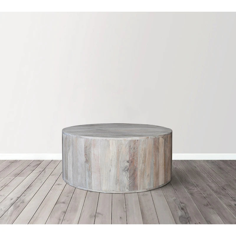 Table basse de 36 pouces, forme de tambour fabriquée à la main, bois de manguier blanc lavé