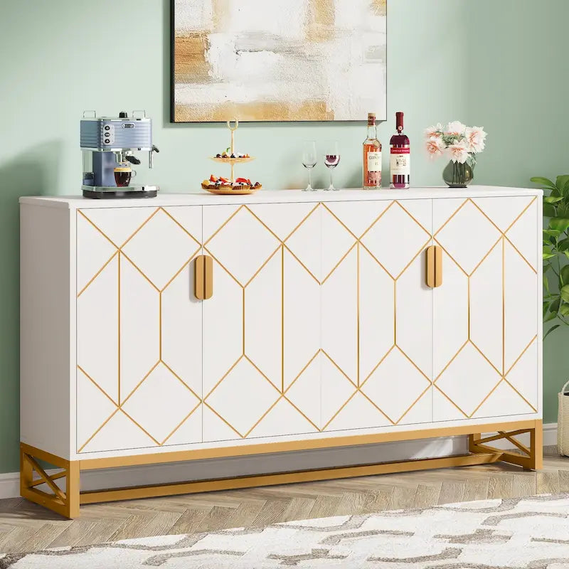 Buffet en Or Blanc avec Rangement, Meuble de Rangement pour Cuisine