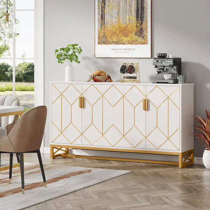 Buffet en Or Blanc avec Rangement, Meuble de Rangement pour Cuisine