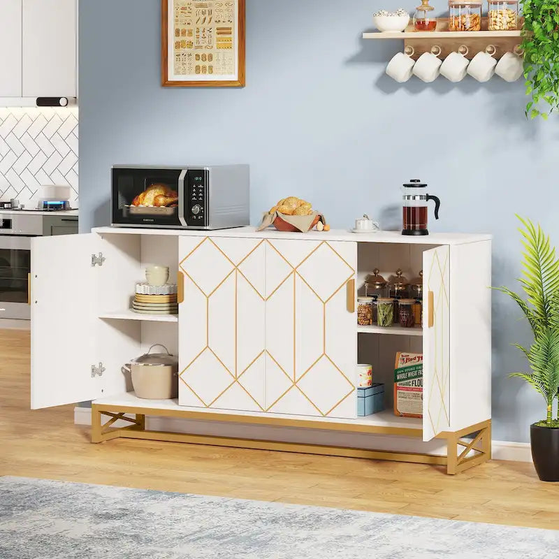 Buffet en Or Blanc avec Rangement, Meuble de Rangement pour Cuisine