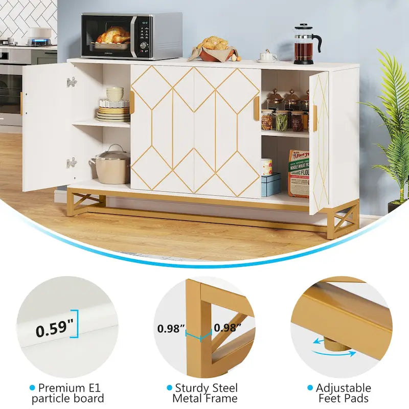 Buffet en Or Blanc avec Rangement, Meuble de Rangement pour Cuisine