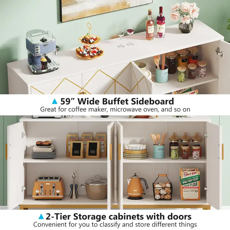 Buffet en Or Blanc avec Rangement, Meuble de Rangement pour Cuisine
