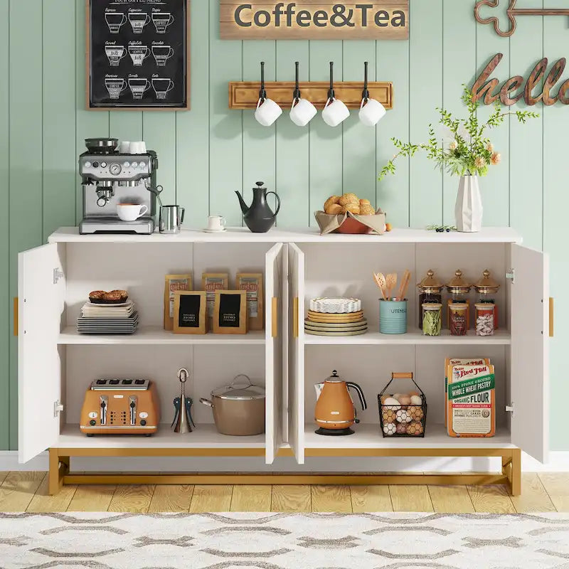 Buffet en Or Blanc avec Rangement, Meuble de Rangement pour Cuisine