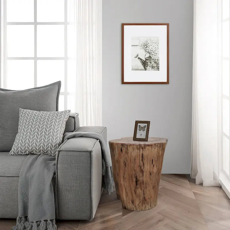 17 Inch Accent Stump Stool End Table, Live Edge Acacia Wood Log with Grain and Knot Details, Natural Brown