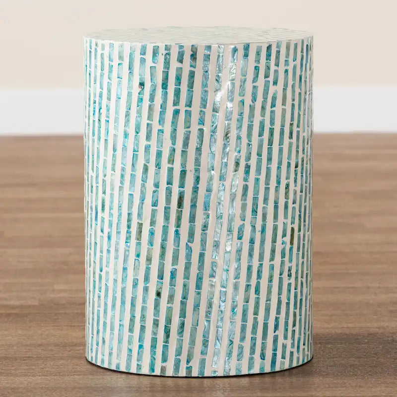 Table d'appoint en nacre blanc et bleu Draven Modern Bohemian