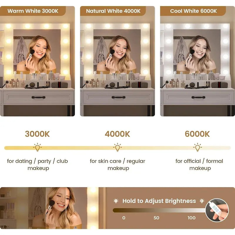Coiffeuse avec miroir 10 lumières Hollywood, banc et station de recharge