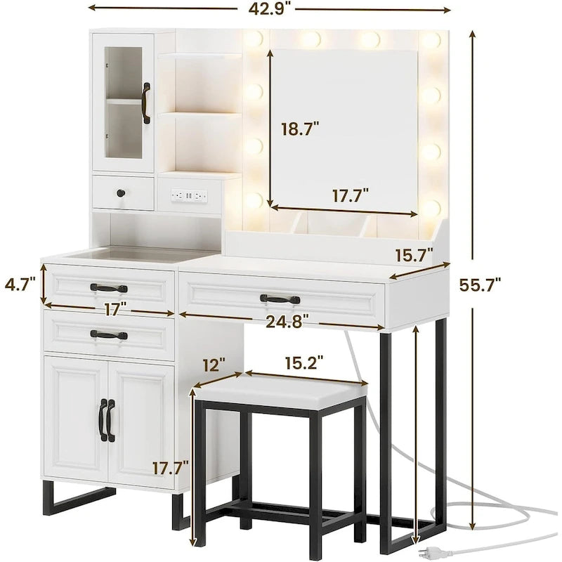 Coiffeuse avec miroir 10 lumières Hollywood, banc et station de recharge