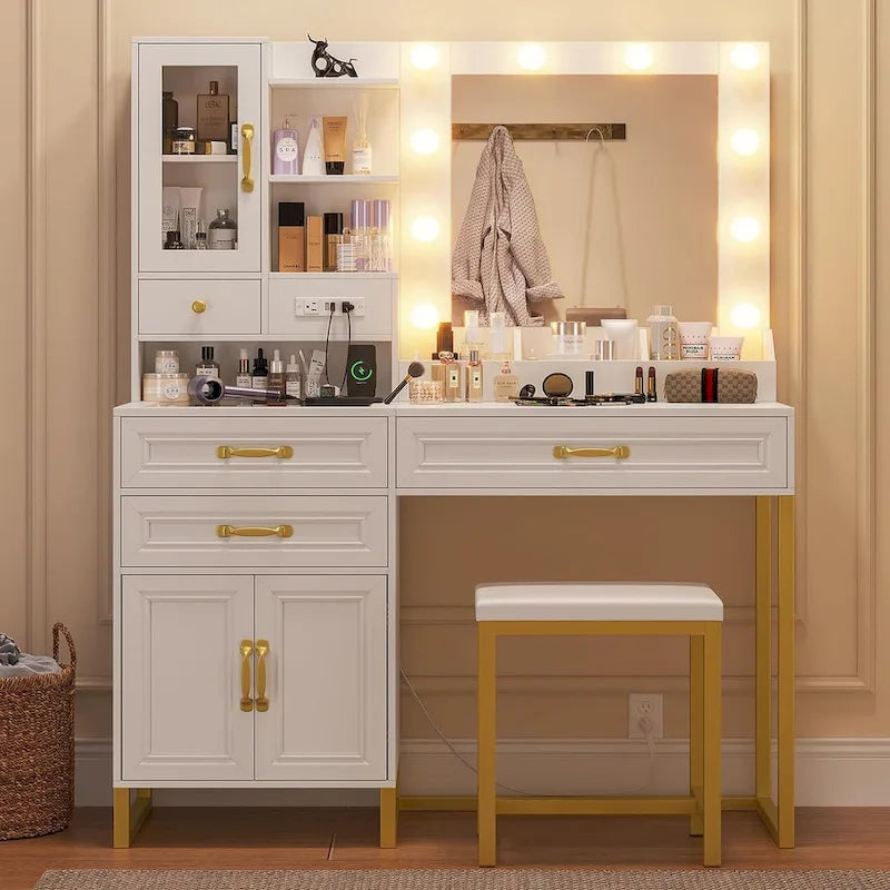 Coiffeuse avec miroir 10 lumières Hollywood, banc et station de recharge