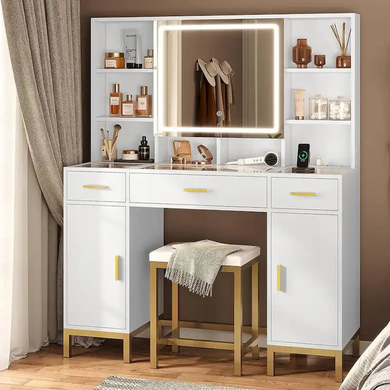 Coiffeuse avec miroirs lumineux 3 couleurs et plateau en verre
