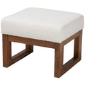 Yashiya Pouf-Repose-Pieds Mid-Century Moderne Rembourré en Bouclette Blanc Cassé et en Bois Fini Noyer Marron