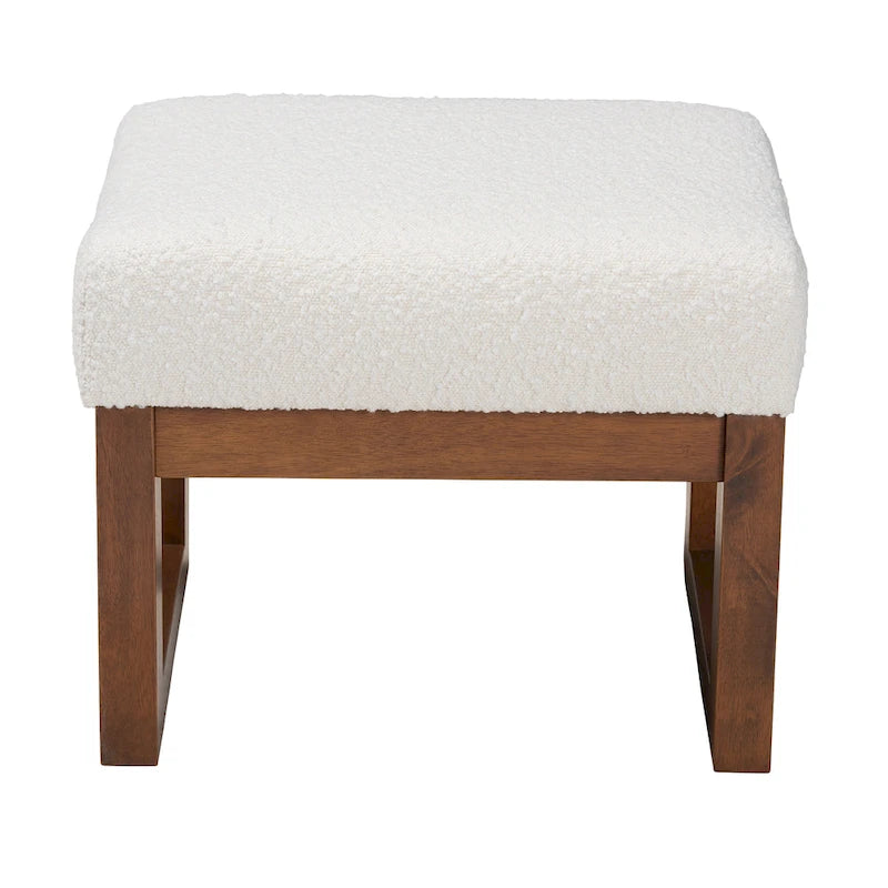 Yashiya Pouf-Repose-Pieds Mid-Century Moderne Rembourré en Bouclette Blanc Cassé et en Bois Fini Noyer Marron