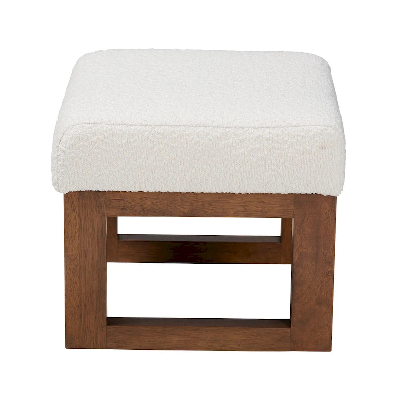 Yashiya Pouf-Repose-Pieds Mid-Century Moderne Rembourré en Bouclette Blanc Cassé et en Bois Fini Noyer Marron