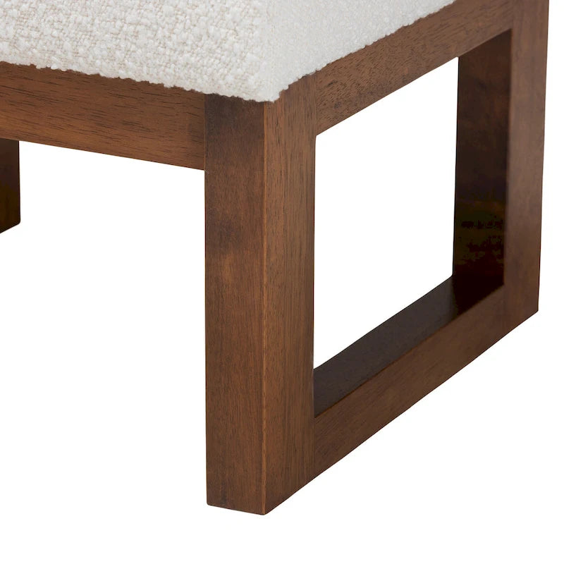 Yashiya Pouf-Repose-Pieds Mid-Century Moderne Rembourré en Bouclette Blanc Cassé et en Bois Fini Noyer Marron