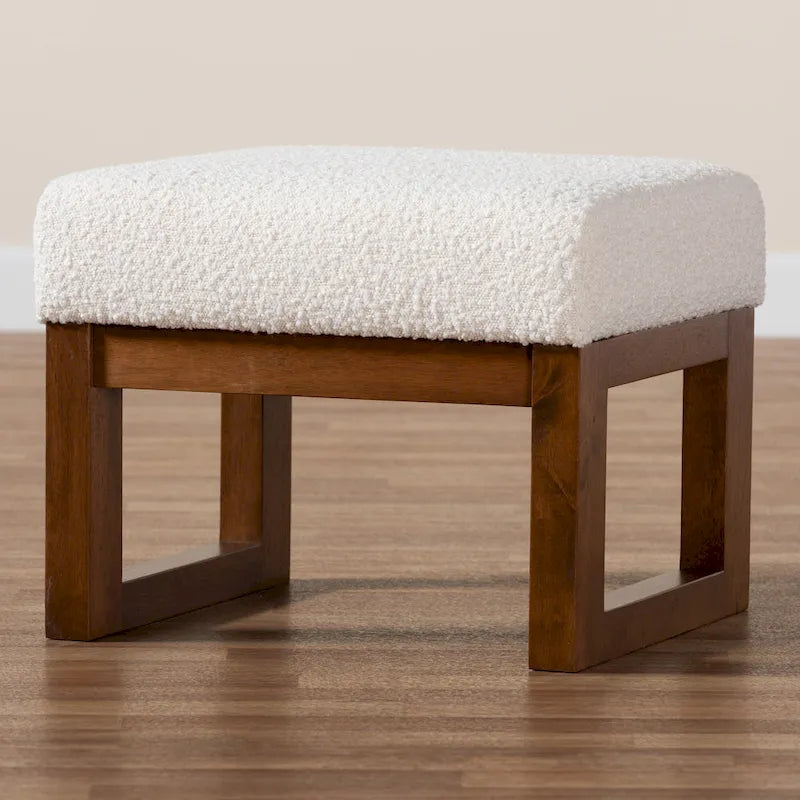 Yashiya Pouf-Repose-Pieds Mid-Century Moderne Rembourré en Bouclette Blanc Cassé et en Bois Fini Noyer Marron