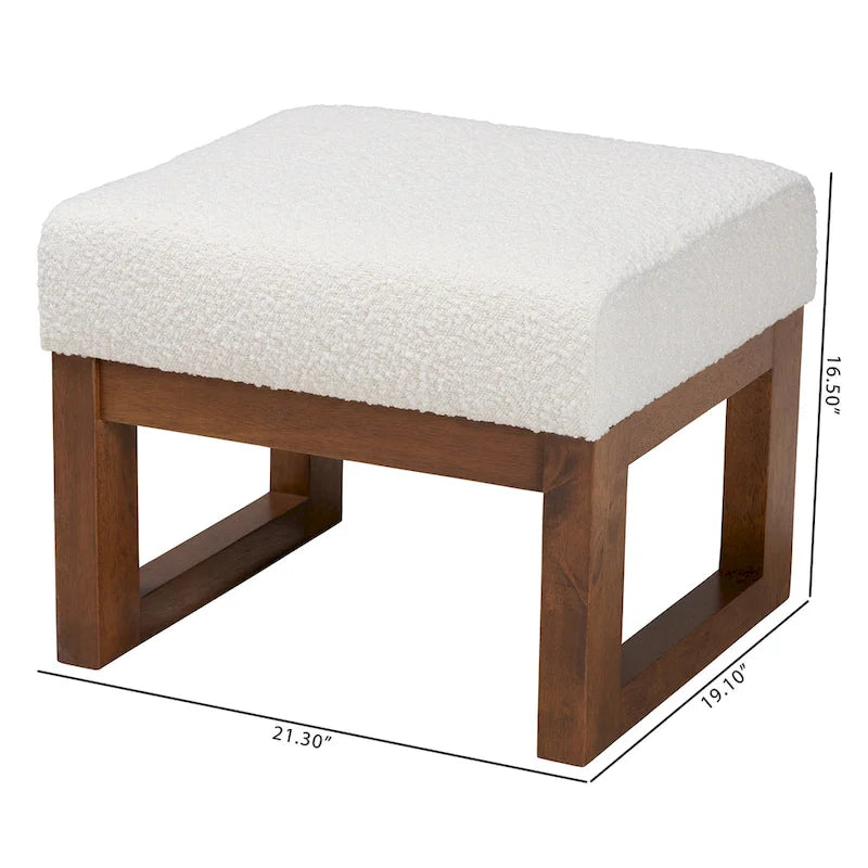 Yashiya Pouf-Repose-Pieds Mid-Century Moderne Rembourré en Bouclette Blanc Cassé et en Bois Fini Noyer Marron