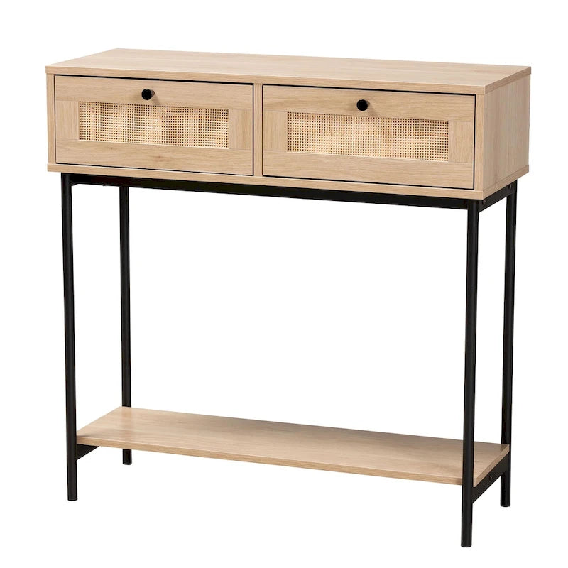 Console Sherwin Mid-Century Modern en brun clair et noir avec 2 tiroirs et accent en rotin tressé