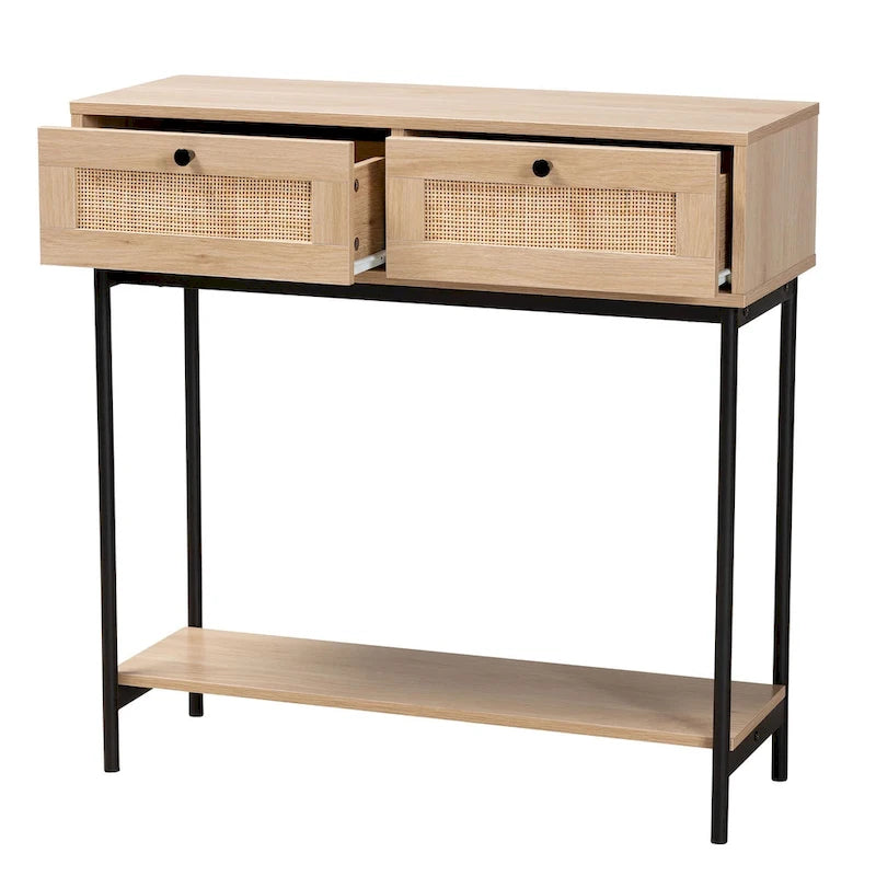 Console Sherwin Mid-Century Modern en brun clair et noir avec 2 tiroirs et accent en rotin tressé